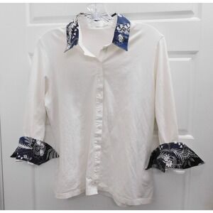 Anne Fontaine White Button Down Navy Trim Stretchy Blouse sz 44